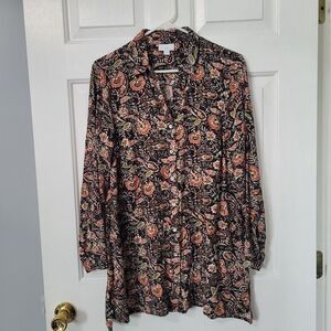 J. Jill‎ Women's Tunic Black Floral Paisley Button Up Long Sleeve Size Small